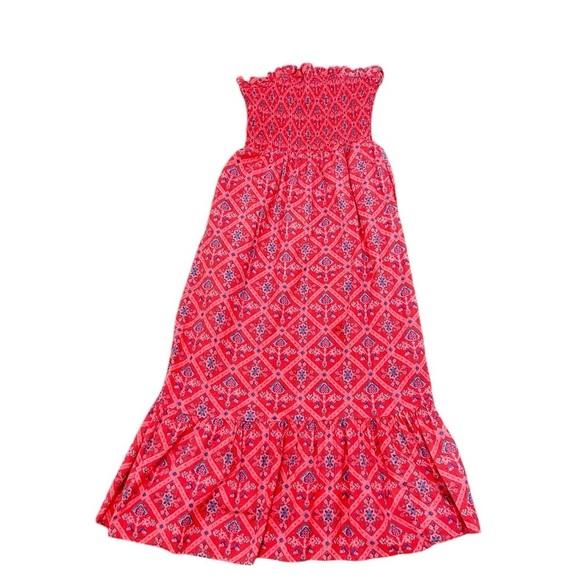 Naudic coral strapless smocked midi Dress floral front pockets metallic size xs - Picture 6 of 10